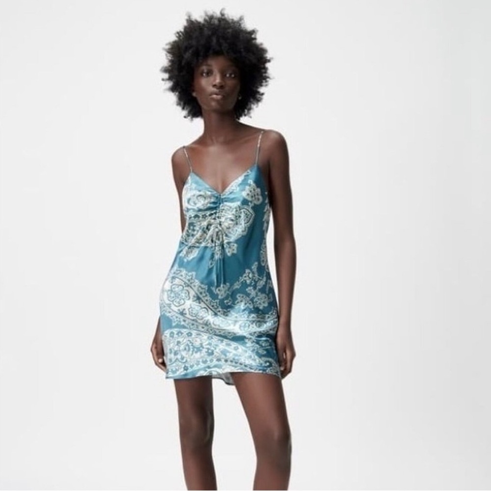 Zara Satin Blue & White Paisley Mini-dress